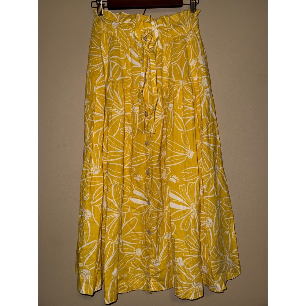 Botanical Yellow Floral Paperbag Waist Button Down Midi Skirt XS Boho Picnic